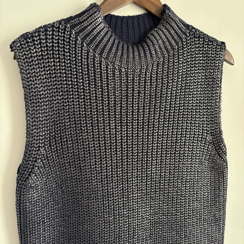 Anthropologie Pilcro Women Oversized Foil Tunic Sweater Vest Size M Navy Silver - Picture 5 of 10